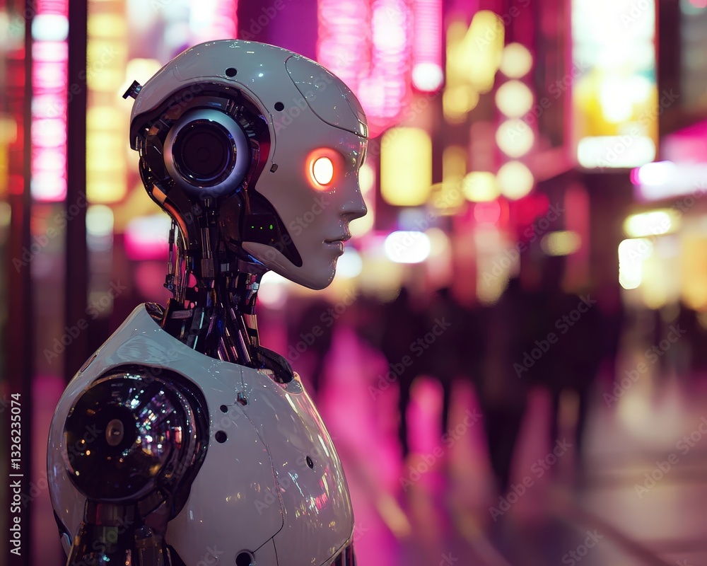 Poster robot positioned in a bustling urban environment with skyscrapers and a high-tech atmosphere