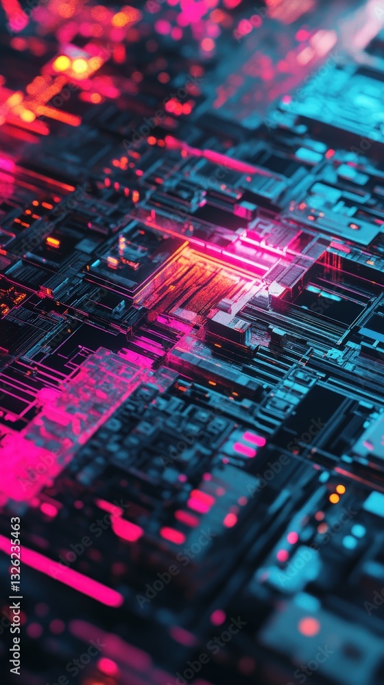 Poster close-up view of a computer circuit board showing intricate patterns and advanced technology