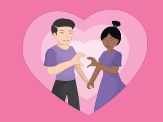 Romantic Cartoon Illustration of a Happy Couple Holding Hands and Making a Heart Shape