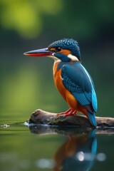 Fototapeta premium Majestic kingfisher, watchful stillness, riverside scene, bank, blue