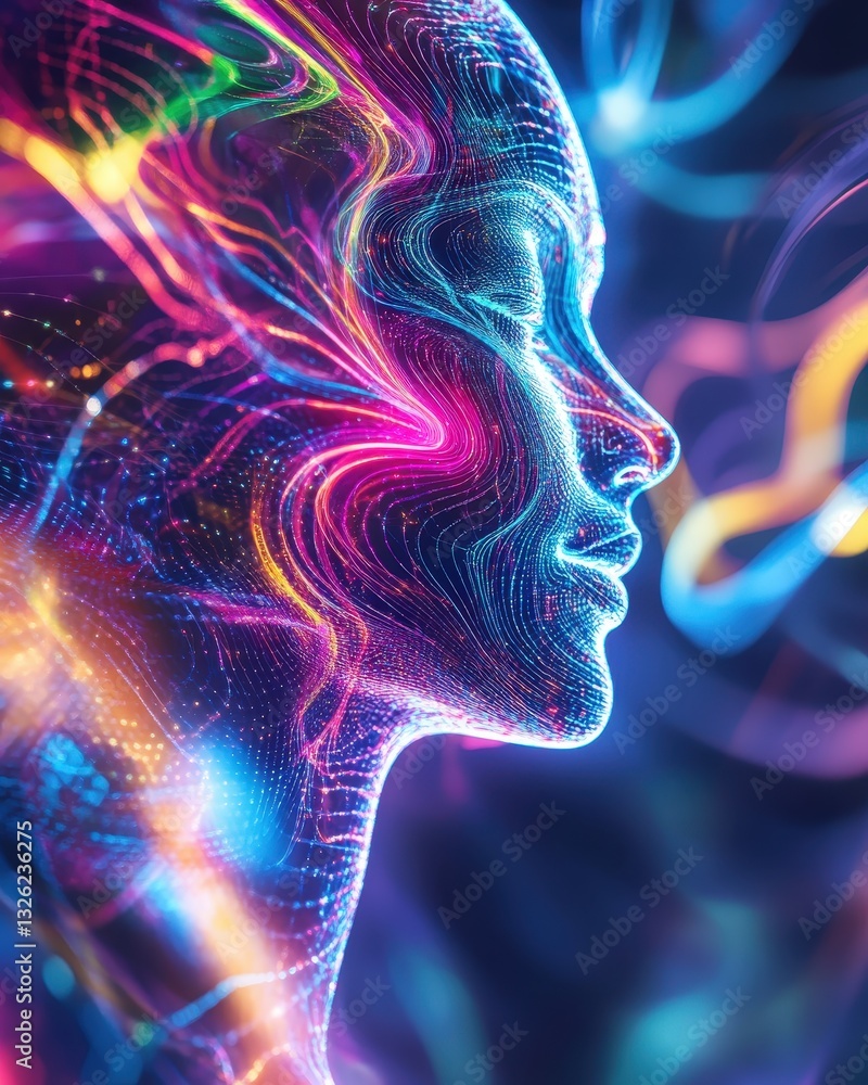 Poster Woman's face adorned with vibrant colorful lines creating an artistic and abstract expression