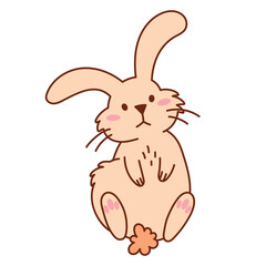 Cute Fluffy Rabbit with Whiskers and Pink Paws Lying on Back. Adorable Hand Drawn Bunny Illustration. Playful Cartoon Animal for Kids, Easter, Stickers, Prints, and Digital Projects