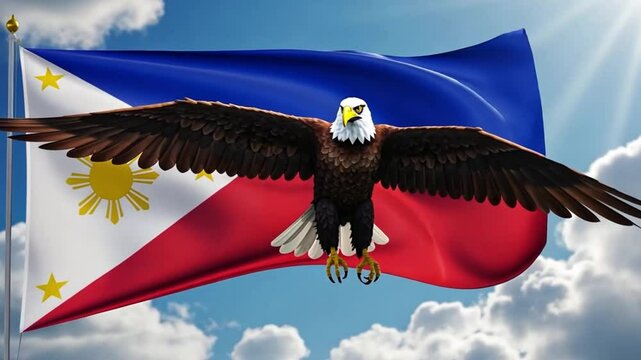 Bald Eagle Flying Majestic Against the Philippine Flag and Blue Sky