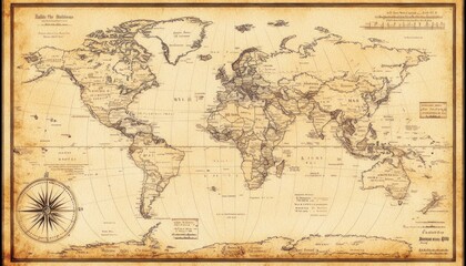 Fototapeta na wymiar World map illustration with aged paper texture and navigational compass rose showing continents in a vintage style