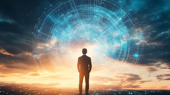 Visionary Horizon: A silhouette of a businessman gazes towards a futuristic digital interface, symbolizing innovation and technological advancement.