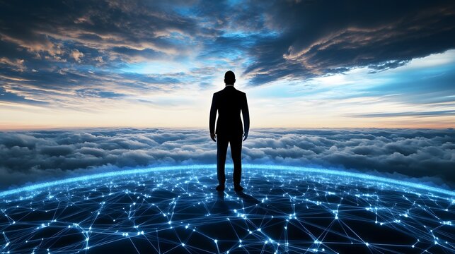 Global Vision: An individual stands at the cusp of innovation, looking out over a network that stretches across the globe. Witness the future.