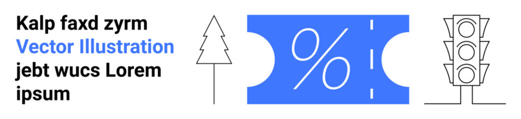Blue percentage ticket surrounded by outlined traffic light and tree. Ideal for shopping, discounts, environment, traffic rules, minimalism, urban themes, abstract line flat metaphor