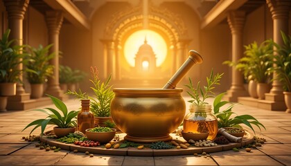 Ancient Ayurvedic Herbal Medicine Preparation in Golden Mortar and Pestle