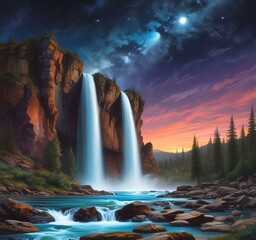 Illustration of waterfall with starry sky.