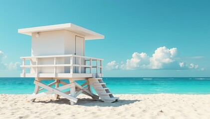 Fototapeta premium Modern minimalist lifeguard station, sleek design, ocean backdrop, blue, nature, seashore