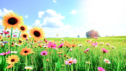 Obraz premium Colorful flower meadow with sunbeams and bokeh lights in summer - nature background banner with copy space - summer greeting card wildflowers spring concept
