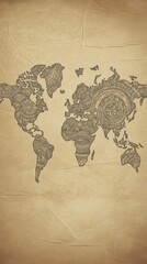 World map illustration created with small black shapes on a textured beige background.  Vertical view shows detailed continent outlines