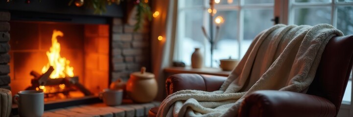 Warm tea, woolen blanket draped, cozy chair by fireplace, winter scene , comfort, domestic, rustic