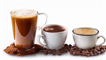 Obraz premium Assorted Collection of Hot Beverages and Coffee Drinks Isolated on White Background