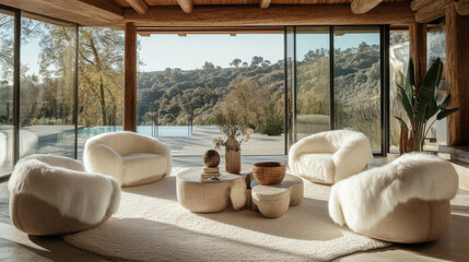 Obraz premium Modern Living Room with Fur Chairs and Landscape View Background