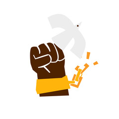 Freedom and Human Rights Icon. Broken Shackles with Fist Raised Up Black Icon. Chain of Slavery Damaged. National Freedom Day Juneteenth. Vector Isolated Illustration