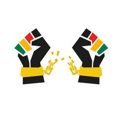 Freedom and Human Rights Icon. Broken Shackles with Fist Raised Up Black Icon. Chain of Slavery Damaged. National Freedom Day Juneteenth. Vector Isolated Illustration