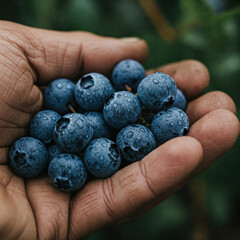 Hand holding freshly picked blueberries. Organic farming and fresh produce.