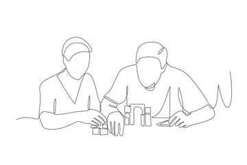 Nurse demands Alzheimer's patient assemble puzzles for therapy. Alzheimer concept one-line drawing