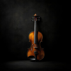 Fototapeta premium A violin on a black background, showcasing its elegant wooden curves and classic string design, representing the art and sound of classical music