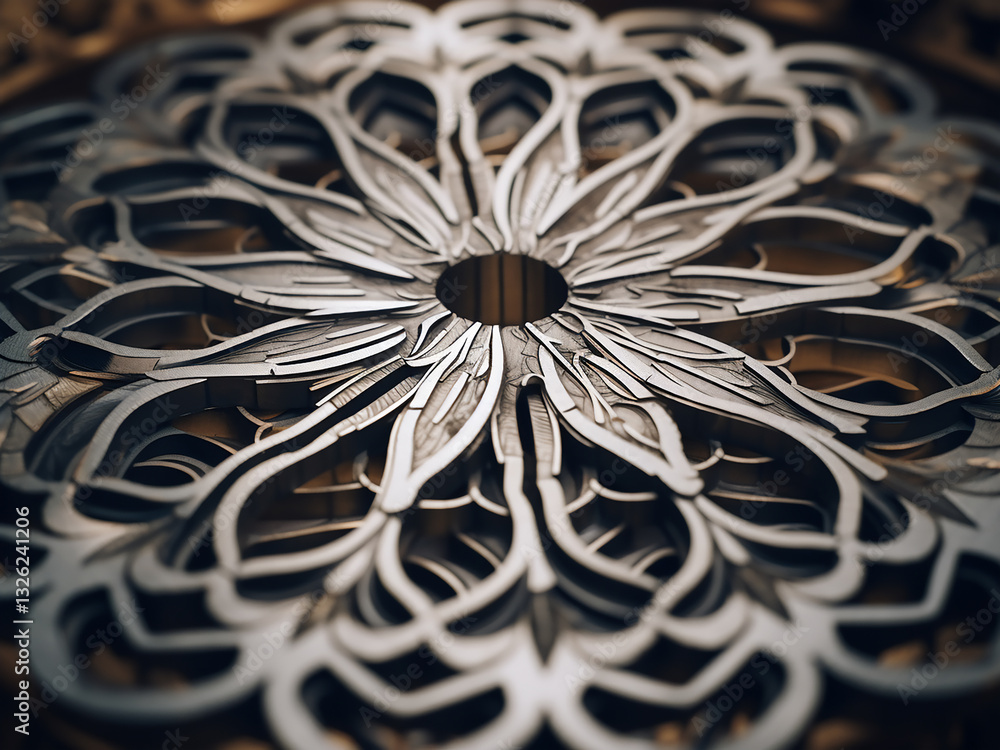 Poster water-jet cut metal showing precise patterns with sharp edges and a polished finish