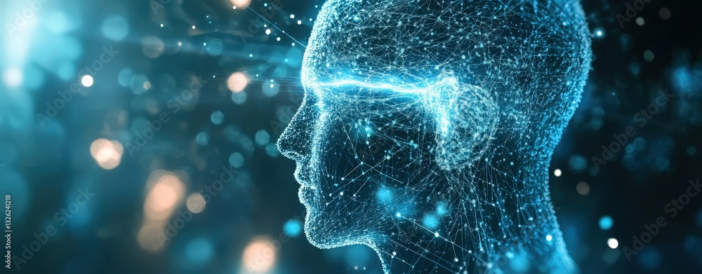 Poster conceptual human head illustrating a network of connected lines representing ideas and thoughts