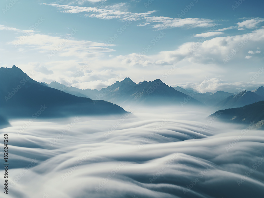 Poster mountain winds create rippled patterns in wave clouds drifting through the air