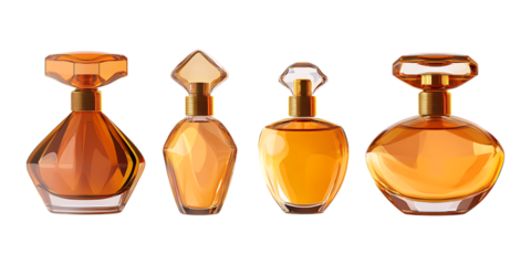Pack Amber Perfume Bottle Set in Different Poses Against Transparent Background for Luxury Fragrance, Cosmetic Branding, or Beauty Promotion