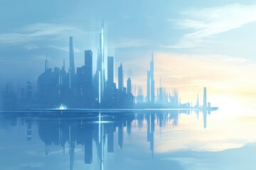 Naklejka premium A futuristic cityscape reflecting into calm water beneath a cloudy sky