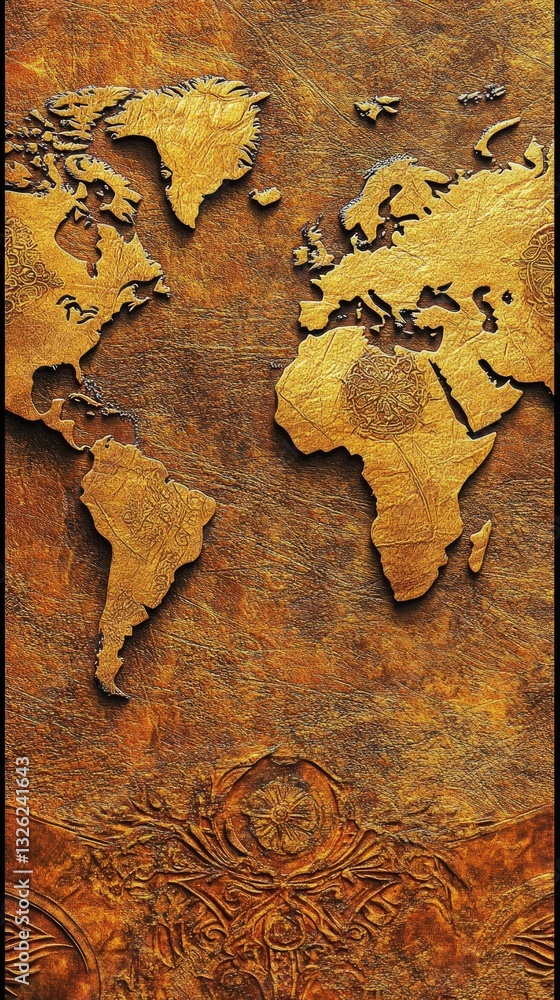 Poster textured golden world map art on a rusty brown background with intricate details and global represen