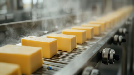 Freshly Molded Cheese on Conveyor System for Efficient Transport in Food Processing Facility
