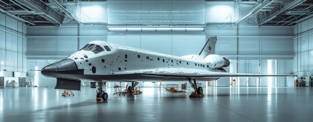 Space shuttle positioned inside hangar ready for launch preparation with technical equipment nearby