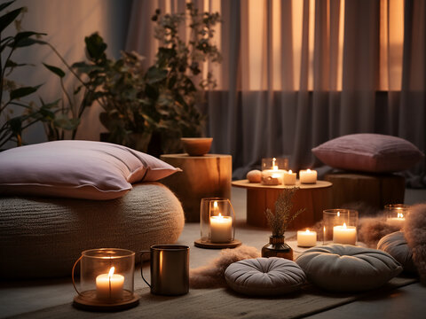 Meditation cushions in a wellness room with dimmed lighting for a serene relaxation area