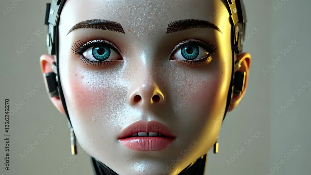 Poster female android represents artificial general intelligence in modern environment, female android: emb