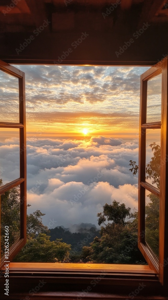 Aufkleber sunrise casts a golden glow over fluffy white clouds, visible through an open window of a cozy mount