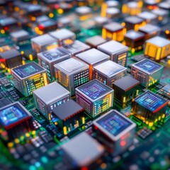 Obraz premium Close-Up of Computer Chips on Circuit Board with Colorful Lights