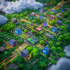 Obraz premium Futuristic Landscape with Buildings, Trees, and Bright Connections