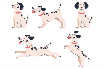Collection of adorable cartoon dalmatian dogs in different poses. Perfect for children's illustrations, pet-related designs, and playful graphics.