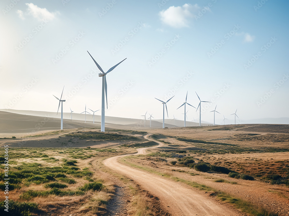 Poster synchronized turbines in a vast wind farm generating clean power demonstrating progress