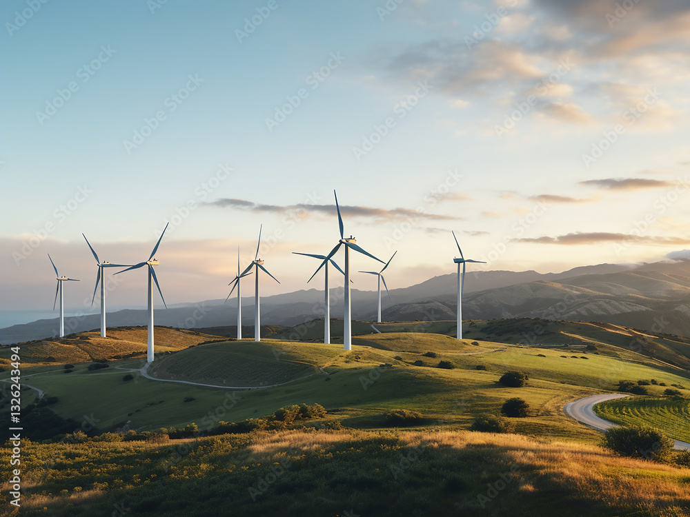 Poster vast wind farm turbines turning in sync generating clean energy showing progress