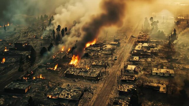 Devastation from wildfires shows burned homes and smoke rising over desolate landscape, Aerial view desolation homes burned wildfire disaster California