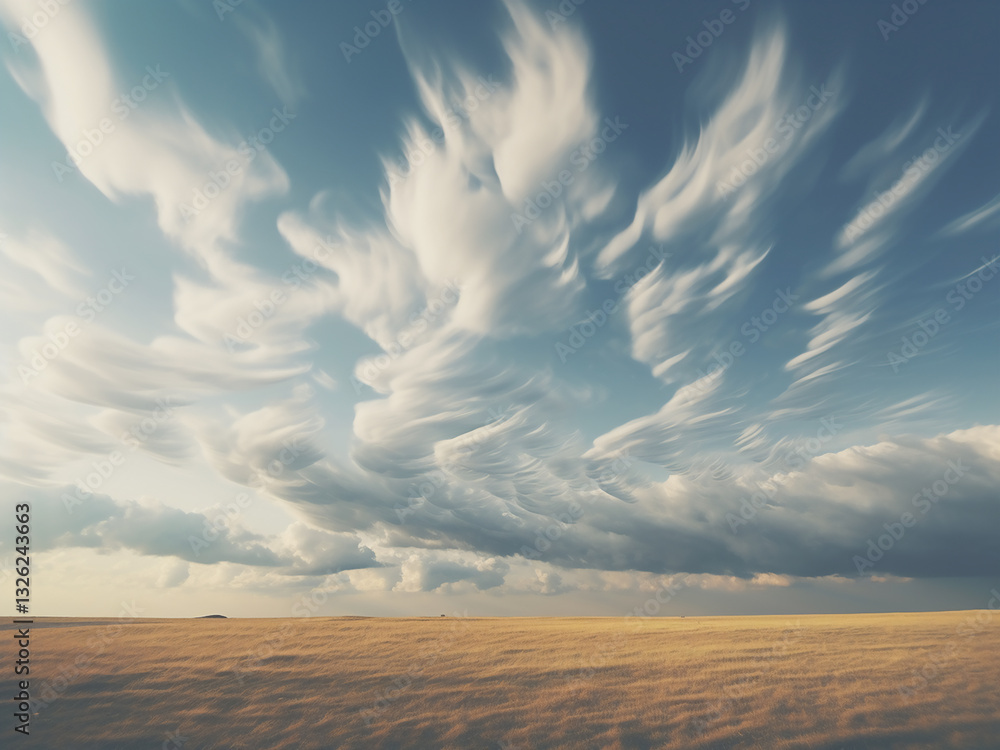 Poster wind shapes clouds stretching them into forms that flow with the air