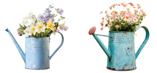 Vintage blue watering can with spring flowers isolated on transparent background