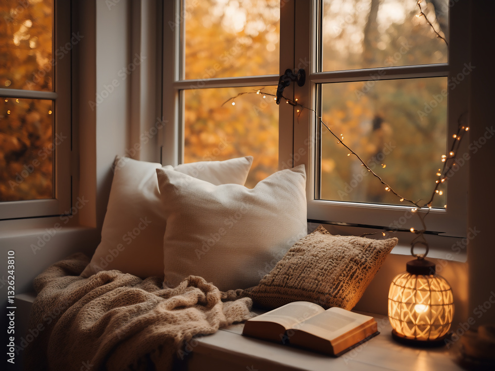 Poster window nook with soft cushions piling up, deep lighting creating a perfect reading spot