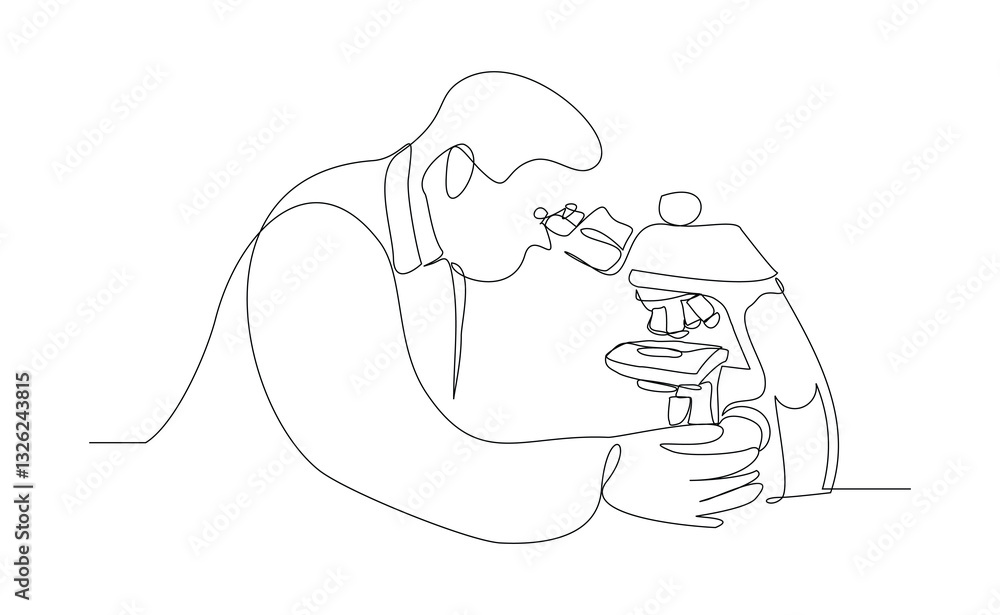 Wall mural continuous line single line of man professional scientist microscope science technology for biology 