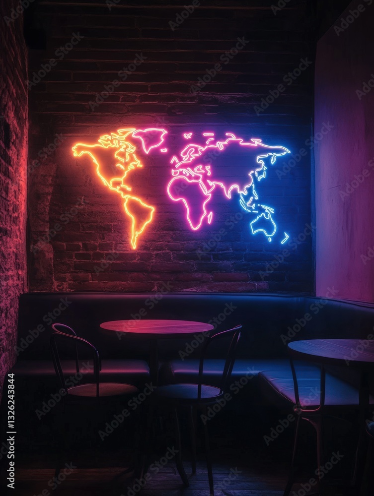 Poster neon map of the world illuminates a brick wall in a dimly lit room with tables and chairs. a modern 