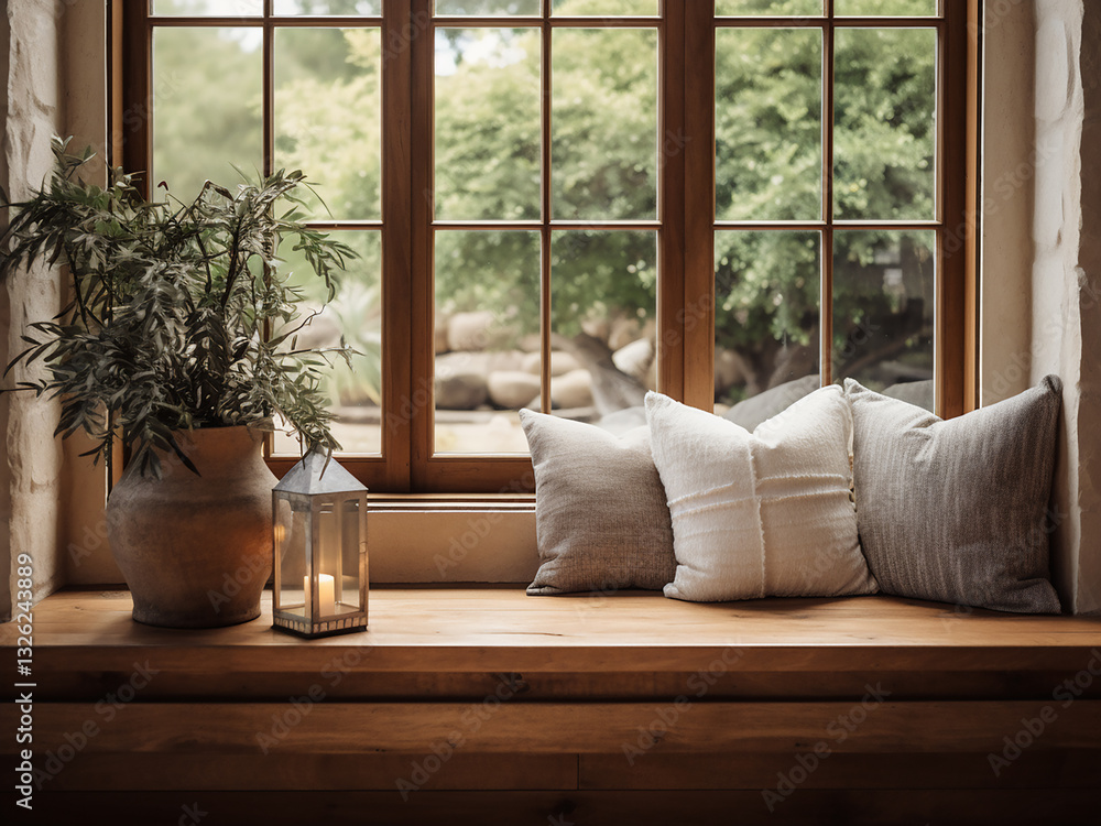 Poster custom cushions fitting perfectly on a window seat with soft light filtering in for relaxation