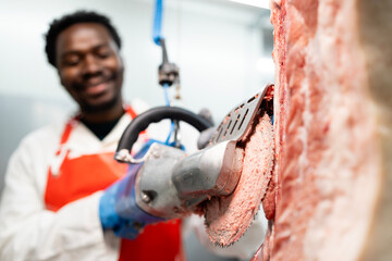 Slaughterhouse worker using electric circular saw to cut meat for processing in food factory.