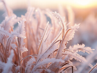 Frost crystals sparkle on the snow at winter dawn, gleaming under a pastel-colored sky