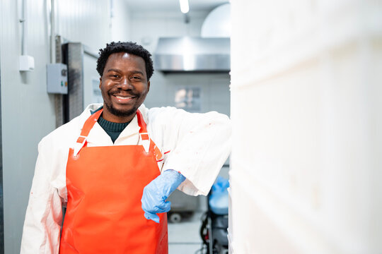 Portrait of smiling African American worker standing in meat processing factory.